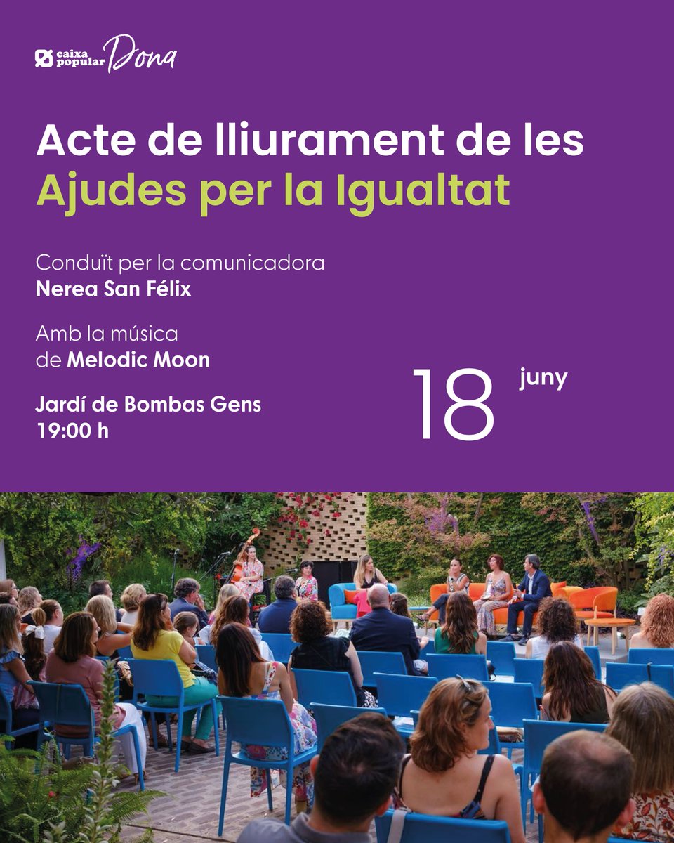 Caixa Popular (@caixapopular) on Twitter photo Vols conéixer les associacions i els projectes guanyadors de les Ajudes per la #Igualtat? 🟣
▶️ T'ho contem ací i et convidem a assistir a l'acte de lliurament dels premis en directe, amb la presentació de <a href="/SanfeNerea/">Nerea</a> i la música de Melodic Moon. 🎤
📝 caixapopular.es/va/esdevenimen… Vols conéixer les associacions i els projectes guanyadors de les Ajudes per la #Igualtat? 🟣
▶️ T'ho contem ací i et convidem a assistir a l'acte de lliurament dels premis en directe, amb la presentació de <a href="/SanfeNerea/">Nerea</a> i la música de Melodic Moon. 🎤
📝 caixapopular.es/va/esdevenimen…