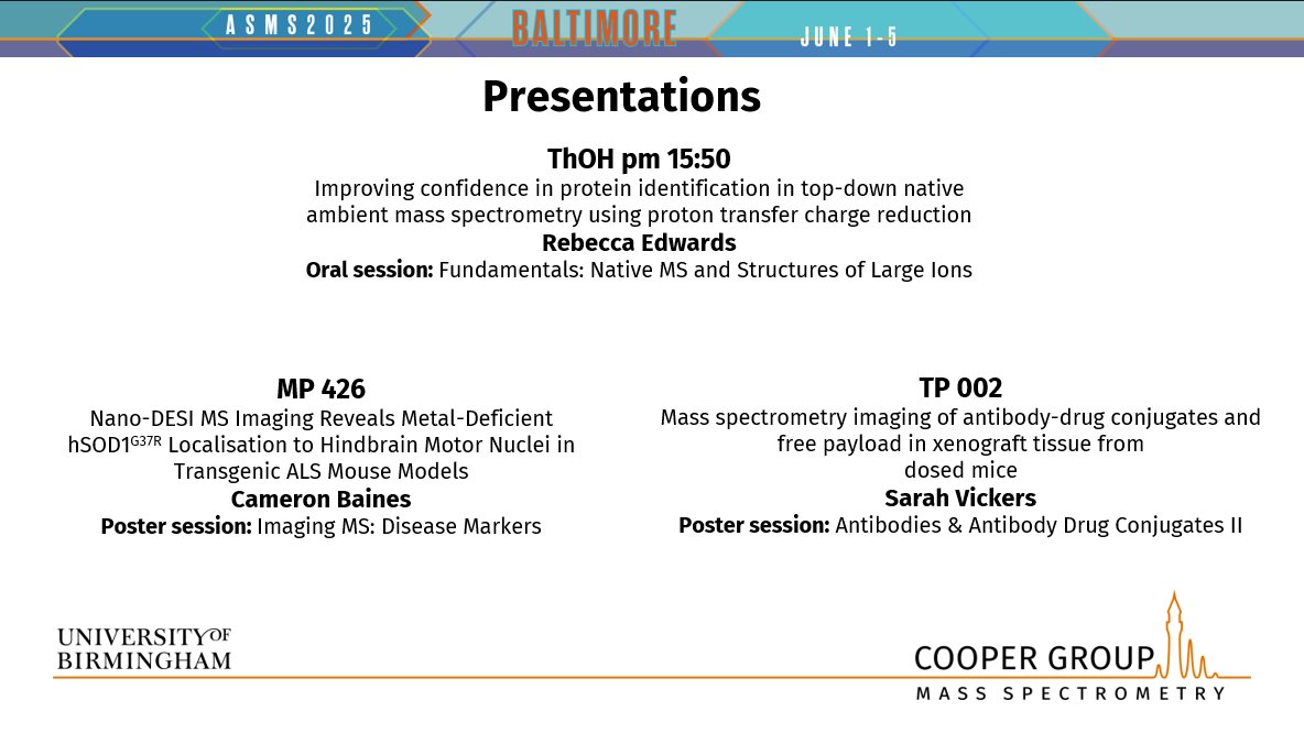 OperonArt's tweet image. For any Mass Spec enthusiasts, I am excited to be presenting my work on nano-DESI imaging of ALS brain and spinal cord tissue at #ASMS2025. We have two other great presentations from @CooperMassSpec @UoBbiosciences covering ADC MS imaging and top-down protein ID using PTCR.