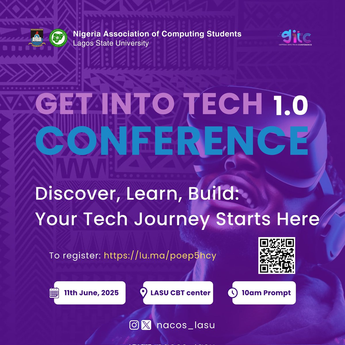 NACOS_LASU's tweet photo. Get Into Tech (GIT) Conference is here. 

The biggest Tech event in LASU is here and you would not want to miss it. 

Registration is Open 
https://t.co/Gp7vdBpyxZ

Strictly by Registration 

You wouldn't want miss this https://t.co/eFrokgOmRt
