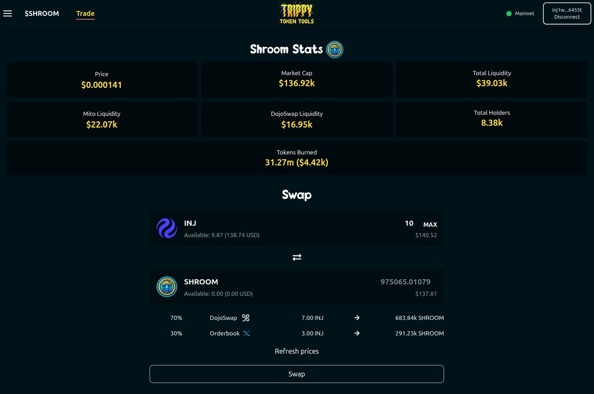 🔮 $SHROOM Hub Makeover is LIVE!

- View real time stats &amp; trade across both DEX pools + order book market to minimize trade slippage!

- Upgraded to order book swap contract for perfect swap amounts

Try it now ➡️ trippyinj.xyz/shroom-hub

$INJ 🥷🍄