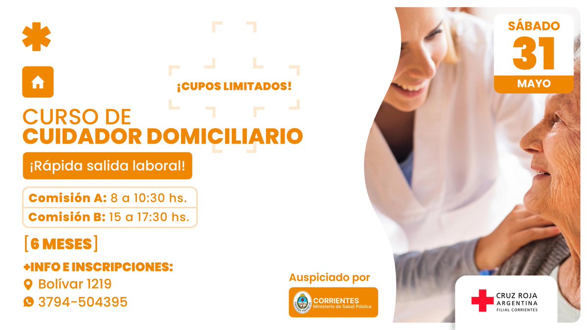 ¡Último día de inscripción!.Es tu oportunidad de formarte en nuestros cursos de Cuidador Domiciliario.

👉 Clases una vez por semana, los días sabados.

Los cupos son limitados, así que
apurate y reservá tu lugar 📲

#CapacitateEnCruzRoja❤