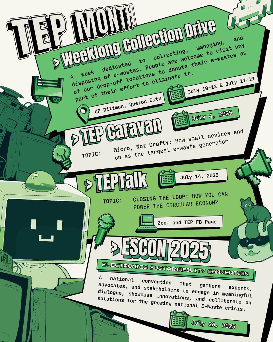 This July, join The E-Waste Project Year 13 for a month of sustainable action. Drop off, tune in, and be part of the movement for a cleaner and greener future.  
#theewasteproject #TEPYear13 #ParaSaBayan #ParaSaMundo