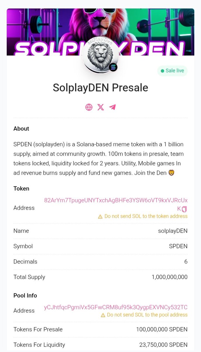 BIG NATURE 👑💫✨ (@big_nature_001) on Twitter photo Looking for 100x ??
Go no further 1000X is here for you
<a href="/solplayden/">SolPlayDen</a> ( $SPDEN ) presale is live on pinksale
Link 🔗: pinksale.finance/solana/launchp…
Grab some bags and wait for your Green candle for mine is already secured
Rate for presale and listing 👇👇
Presale rate
1 SOL = 100,000 Looking for 100x ??
Go no further 1000X is here for you
<a href="/solplayden/">SolPlayDen</a> ( $SPDEN ) presale is live on pinksale
Link 🔗: pinksale.finance/solana/launchp…
Grab some bags and wait for your Green candle for mine is already secured
Rate for presale and listing 👇👇
Presale rate
1 SOL = 100,000