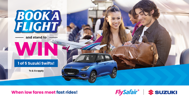 FlySafair's tweet photo. An adventure that starts from just R470* with us could end with you behind the wheel of 1 of 5 Suzuki Swifts! That’s what happens when low fares meet fast rides. 

Book a flight at https://t.co/WHR2Gnrr18 before 31 July &amp; you’ll be automatically entered.

T's&amp;C's apply
