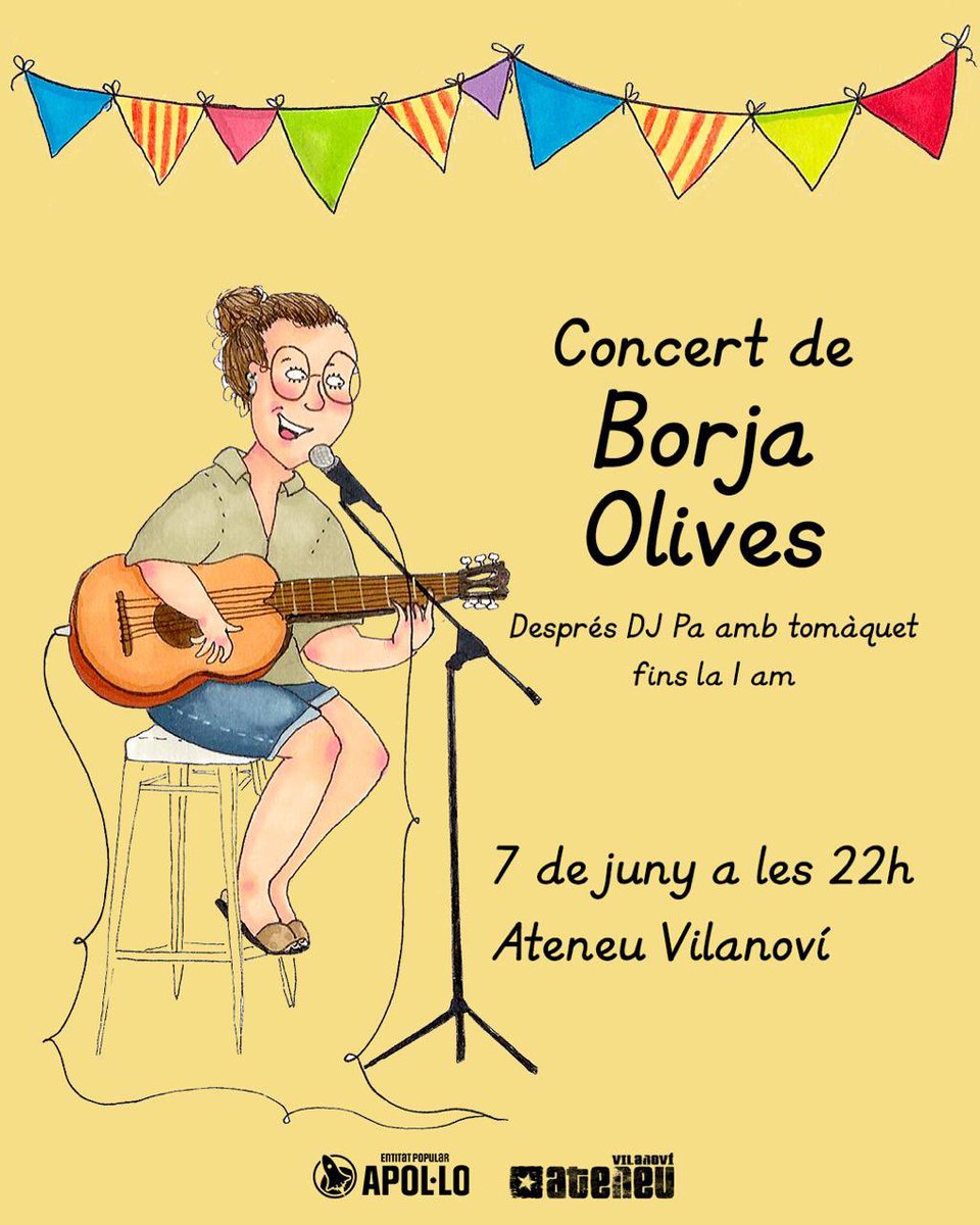 🎤 A les 22h concert del cantautor menorquí Borja Olives. I, per rematar-ho, DJ Pa amb Tomàquet fins la 1h 🌙🎶🕺🍅

👉 Recordeu que podeu comprar tiquets pel sopar a l'<a href="/Ateneuvilanovi/">Ateneu vilanoví</a> (de dijous a dissabte, de 19h a 22h). Obert a tothom!