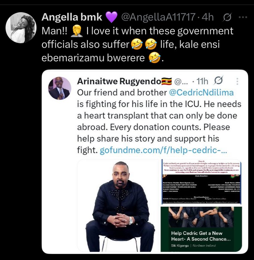 Tob Collyer (@tobcoyller) on Twitter photo Ugandans are really angry
Another thread showing reactions of Ugandans to the fundraising towards Cedric’s heart transplant.
Credits to Her Majesty Mukyala Wandera <a href="/OmutakaW/">Mukyaala Wandera 🧡</a> Ugandans are really angry
Another thread showing reactions of Ugandans to the fundraising towards Cedric’s heart transplant.
Credits to Her Majesty Mukyala Wandera <a href="/OmutakaW/">Mukyaala Wandera 🧡</a>