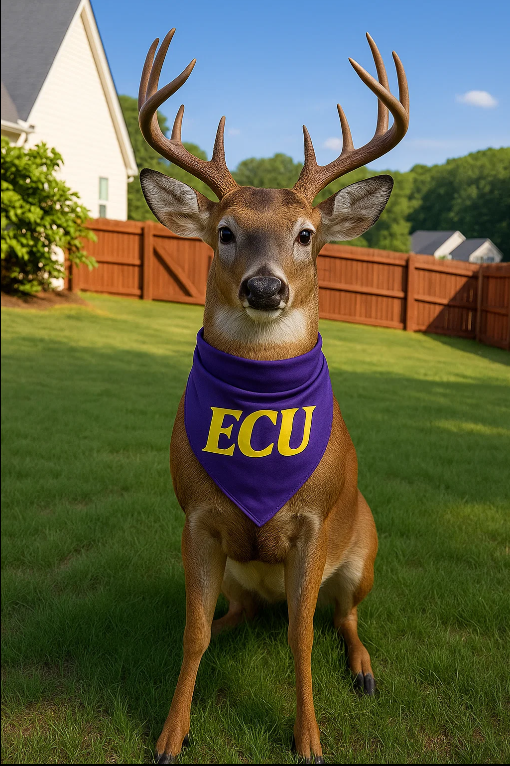 take_the_island's tweet image. A deer trotted all the way from Fairfield, Connecticut just to cheer on the East Carolina Pirates. 🏴‍☠️

And he's proud to be reppin' the purple and the gold! 🦌💜💛🏴‍☠️

#GoodBoyFriday