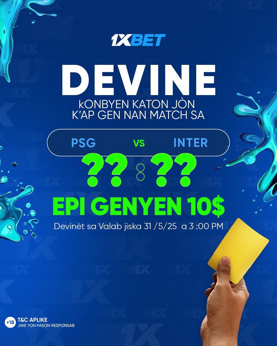 Bonjou zanmi !!! Jodi a nou pote yon konkou pou final Lig dè chanpyon an 😎 kote N’ap bay $10 💴 ak 3 moun  ki byen reponn kesyon an e ki swiv règ yo 

Li byen senp w’ap di:
1 :  konbyen katon jòn 🟨 k’ap genyen nan match la 
2: w’ap mete 🆔 1xbet ki valid
3: w’ap tagg 2 zanmi