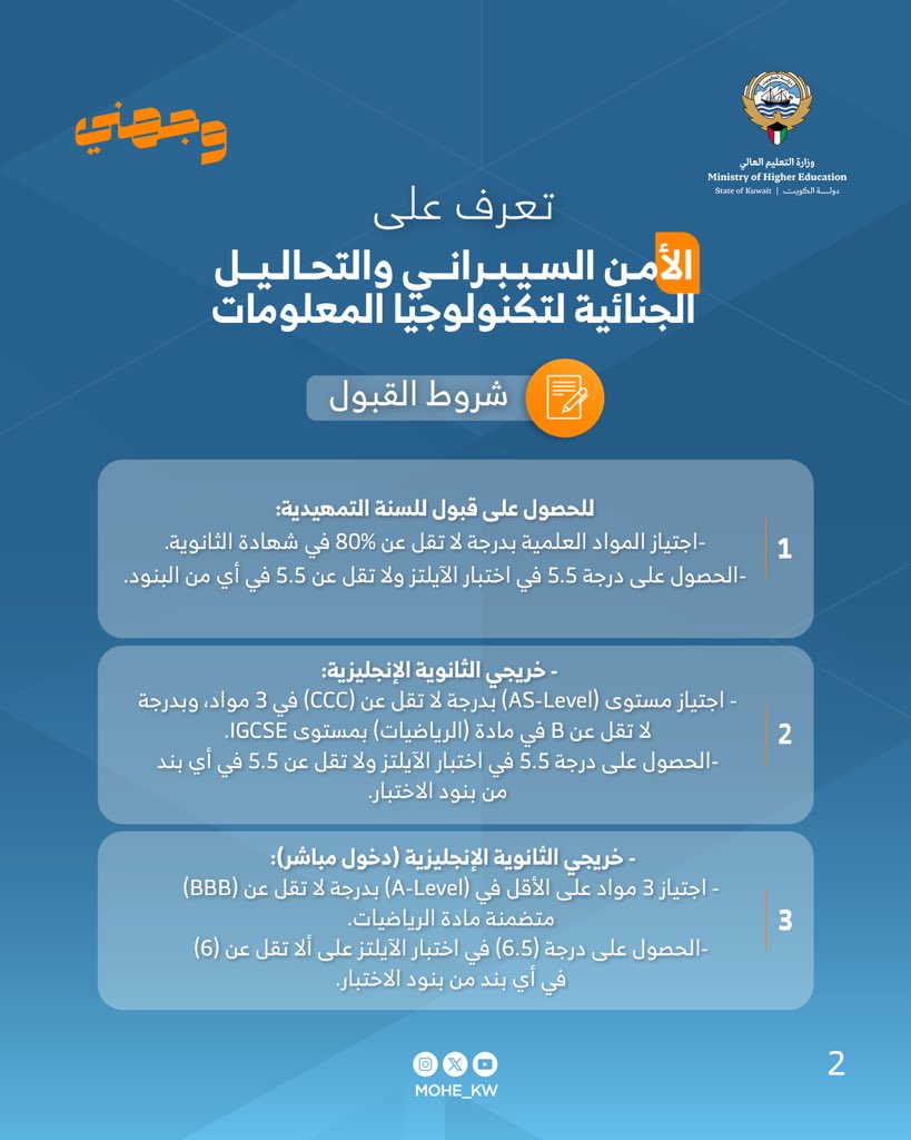 حملة #وجهني

#تعرف_على تخصص (الأمن السيبراني والتحاليل الجنائية لتكنولوجيا المعلومات) في خطة البعثات السنوية للعام 2026/2025 

#وزارة_التعليم_العالي
#الكويت