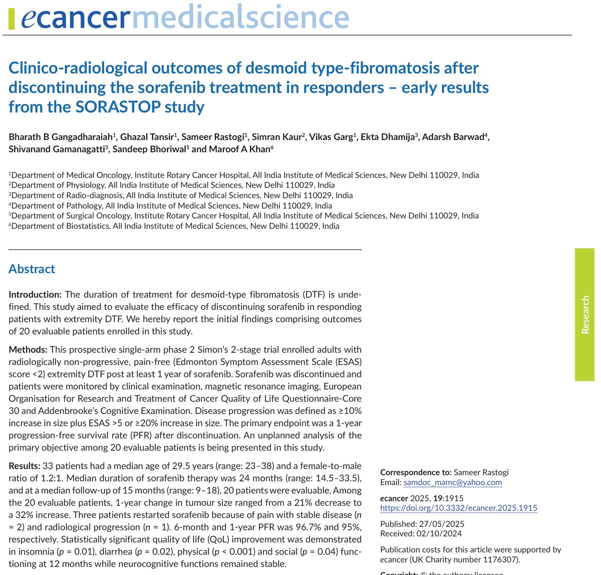 Dr Sameer Rastogi (@samdoc_mamc) on Twitter photo We are pleased to share the preliminary results of SORASTOP, which investigates whether sorafenib can be discontinued in individuals with #desmoid tumors who are responding to treatment. Good early results. <a href="/aiims_newdelhi/">AIIMS, New Delhi š®š³</a> <a href="/MSKCancerCenter/">Memorial Sloan Kettering Cancer Center</a> ecancer.org/en/journal/art⦠<a href="/oncodaily/">OncoDaily</a> We are pleased to share the preliminary results of SORASTOP, which investigates whether sorafenib can be discontinued in individuals with #desmoid tumors who are responding to treatment. Good early results. <a href="/aiims_newdelhi/">AIIMS, New Delhi š®š³</a> <a href="/MSKCancerCenter/">Memorial Sloan Kettering Cancer Center</a> ecancer.org/en/journal/art⦠<a href="/oncodaily/">OncoDaily</a>