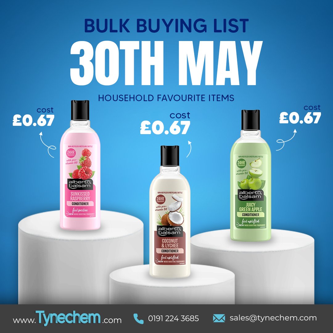 🛍 Tynechem’s 30th May Bulk Buying List is out now!

Take a look below at some of our Alberto Balsam range – great value haircare your customers will recognise.

📥 Download the full list using the link and get your orders in today:
👉 tynechem.com/wp-content/upl…