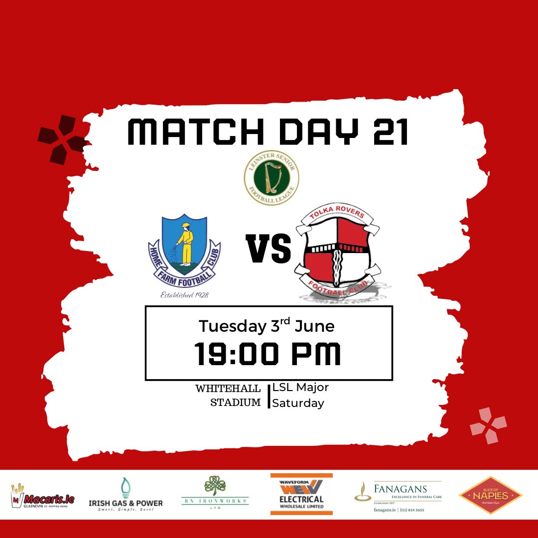 🔴⚪ MATCHDAY 21 ⚪🔴
Second last game of the season &amp; the finish line is in sight! 🏁
We’re away to Home Farm this Tuesday, June 3rd at 7PM, Whitehall Stadium.

Every point counts — let’s pack the sidelines &amp; back the lads! 💪🏆

#TolkaRovers #UpTheTolka #Matchday21