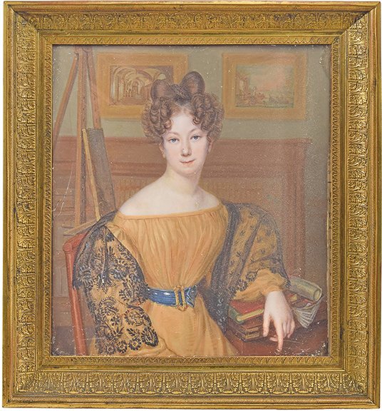 19th-C French Empire miniature portrait, 6¾" x 6", shows a well-dressed &amp; fashionable woman. The paintings on the wall, the easel with a painting, and the books suggest an educated sitter. It sold for $1464 (e $200/300) at Tremont Auctions maineantiquedigest.com/stories/tremon… #art #antiques