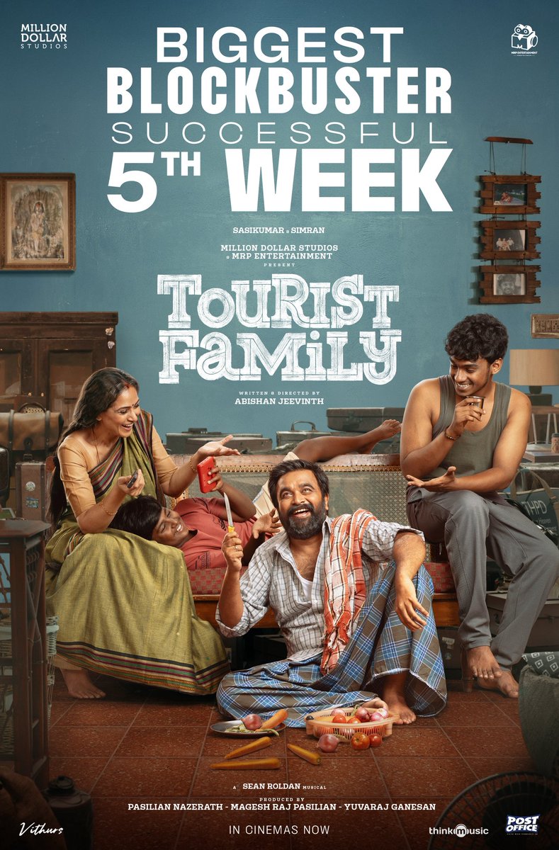 M.Sasikumar (@sasikumardir) on Twitter photo 5th Week in Theatres for #TouristFamily 🥳🎉
The wholesome family entertainer has found a special place in your hearts ♥️
directed by @abishanjeevinth ✨
<a href="/RSeanRoldan/">Sean Roldan</a> musical
<a href="/SimranbaggaOffc/">Simran</a>
<a href="/Foxy_here03/">Aravind Viswanathan</a> <a href="/barathvikraman/">Barath Vikraman</a> <a href="/MillionOffl/">Million Dollar Studios</a> <a href="/MRP_ENTERTAIN/">MRP ENTERTAINMENT</a>
<a href="/Yuvrajganesan/">Yuvaraj</a> 5th Week in Theatres for #TouristFamily 🥳🎉
The wholesome family entertainer has found a special place in your hearts ♥️
directed by @abishanjeevinth ✨
<a href="/RSeanRoldan/">Sean Roldan</a> musical
<a href="/SimranbaggaOffc/">Simran</a>
<a href="/Foxy_here03/">Aravind Viswanathan</a> <a href="/barathvikraman/">Barath Vikraman</a> <a href="/MillionOffl/">Million Dollar Studios</a> <a href="/MRP_ENTERTAIN/">MRP ENTERTAINMENT</a>
<a href="/Yuvrajganesan/">Yuvaraj</a>
