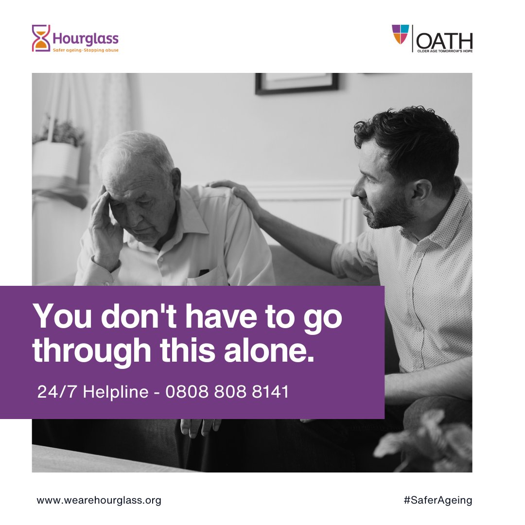 Do you feel unsafe in your own home? 
You don't have to go through this alone.
Call our 24/7 helpline on 0808 808 8141 for confidential advice and support, whenever you need it.

#saferageing #stoppingabuse #helpline #wearehourglass