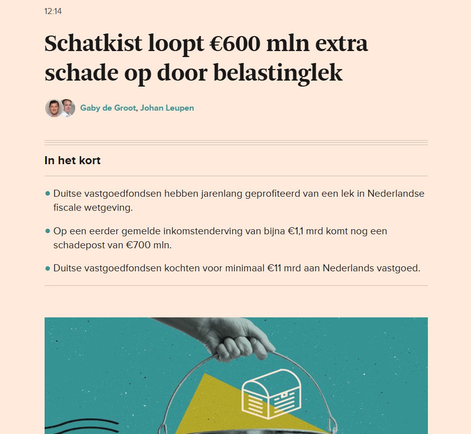 Absurd: door een belastinglek dreigt een handjevol Duitse vastgoedbeleggers €600 miljoen belastingkorting te krijgen.

GL-PvdA roept het kabinet op: dicht zo snel mogelijk dit belastinglek.

Laat werkende mensen niet betalen voor de belastingvoordelen van buitenlandse beleggers!
