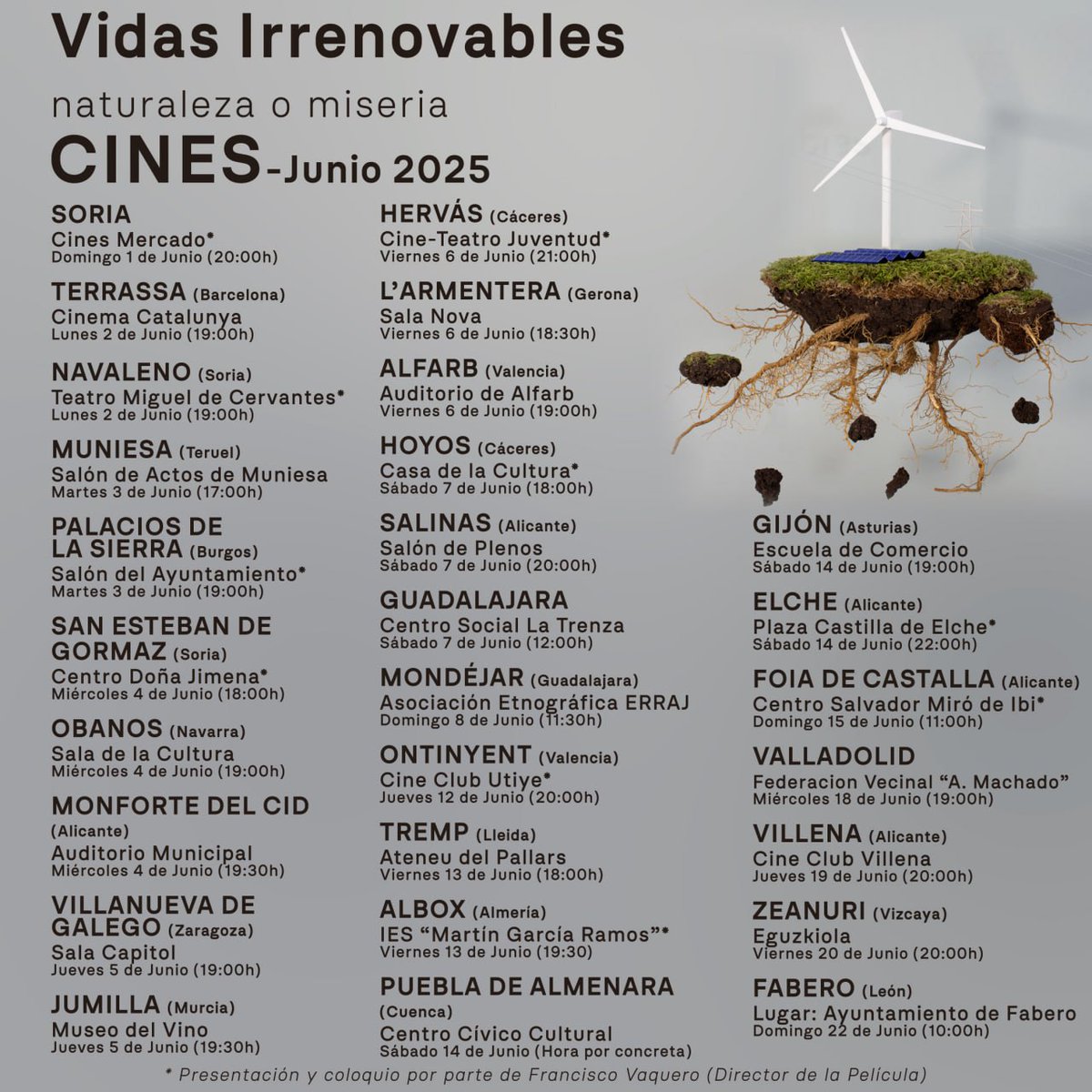 Proyecciones Junio - 2025
Película Documental "Vidas irrenovables"
¡No te la pierdas! 
Trailer: youtu.be/y1I9B24ES08

#vidasirrenovables