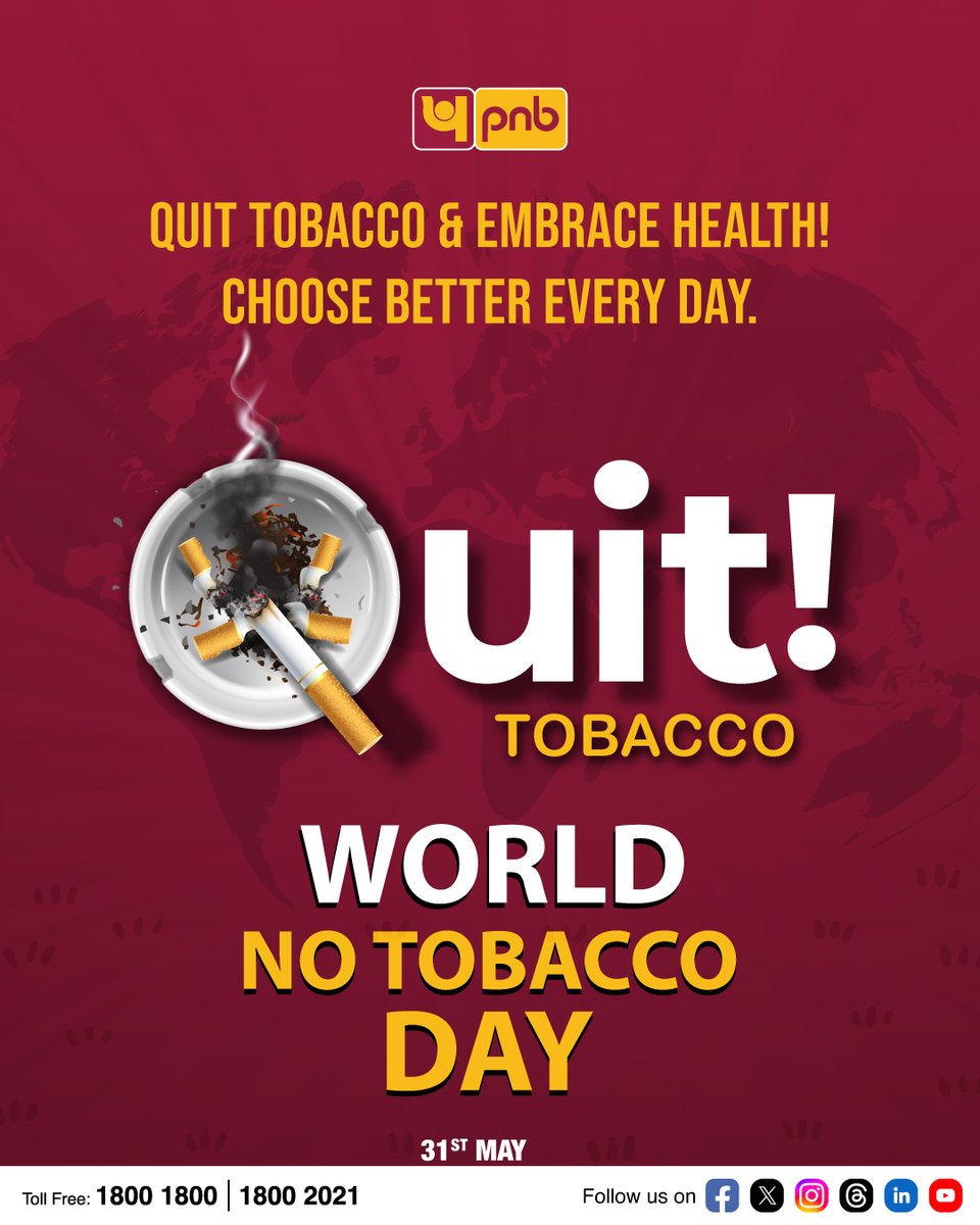 pnbindia's tweet photo. This World No Tobacco Day, say no to tobacco and yes to life!

#WorldNoTobaccoDay #QuitForGood #ChooseHealth https://t.co/OzdBcqf3kB