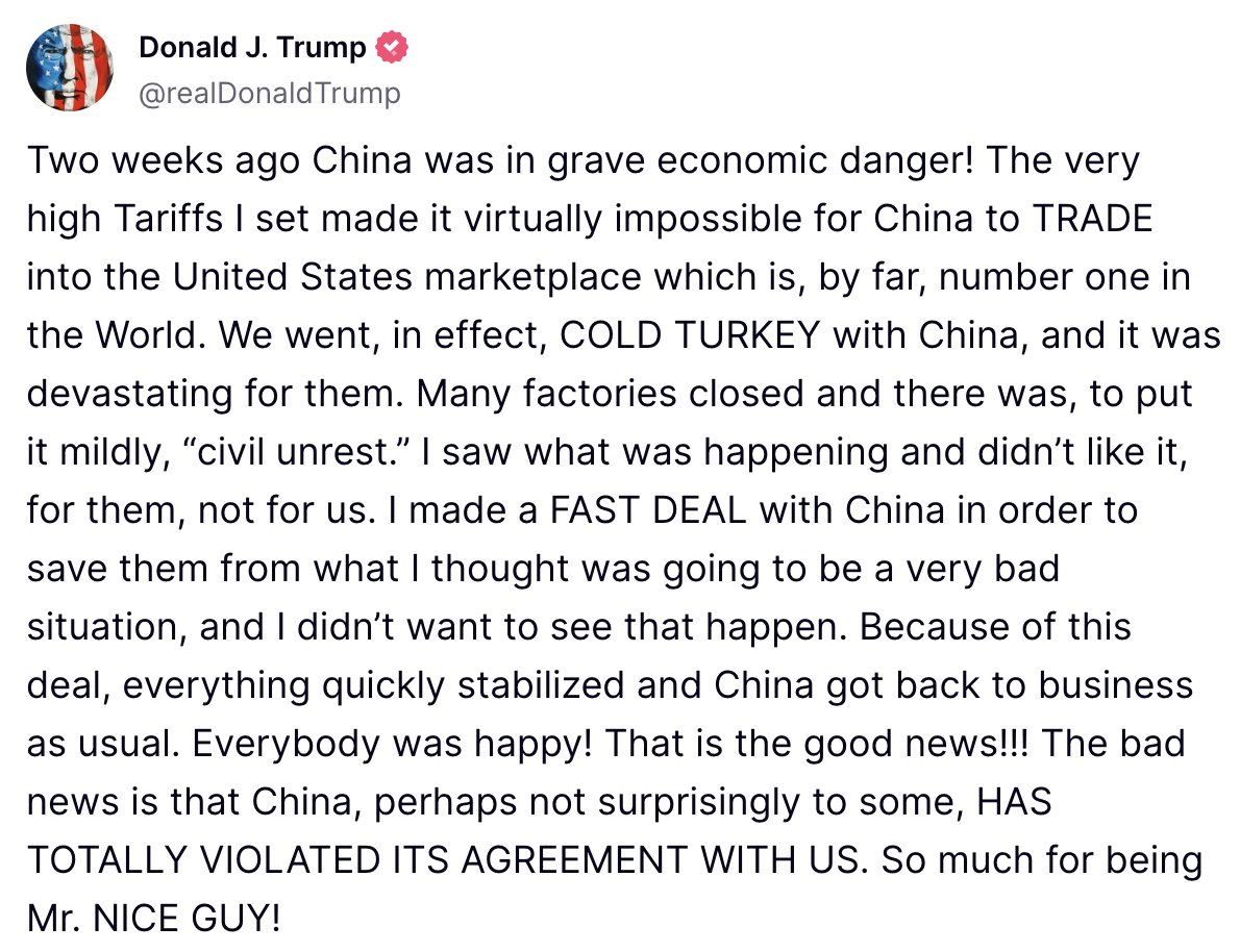 🚨Trump accuses China of violating its agreement with the US. 

"So much for being Mr. NICE GUY!" Trump says.