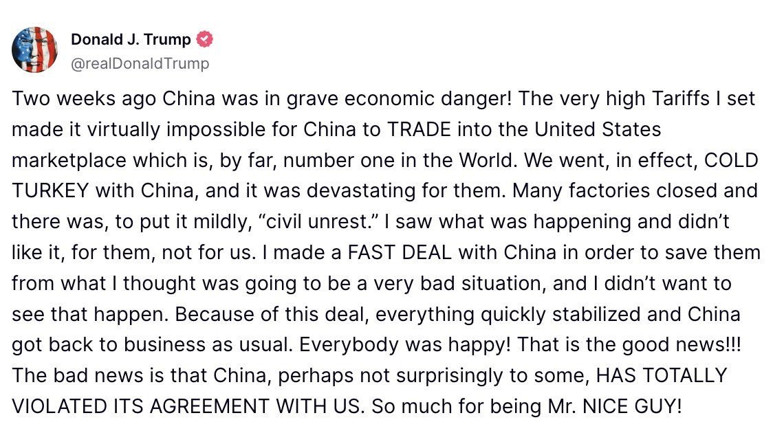 Cointelegraph's tweet photo. 🇺🇸 TRUMP: "The bad news is that China, perhaps not surprisingly to some, HAS TOTALLY VIOLATED ITS AGREEMENT WITH US. So much for being Mr. NICE GUY!" https://t.co/fMPpnD7Ewg