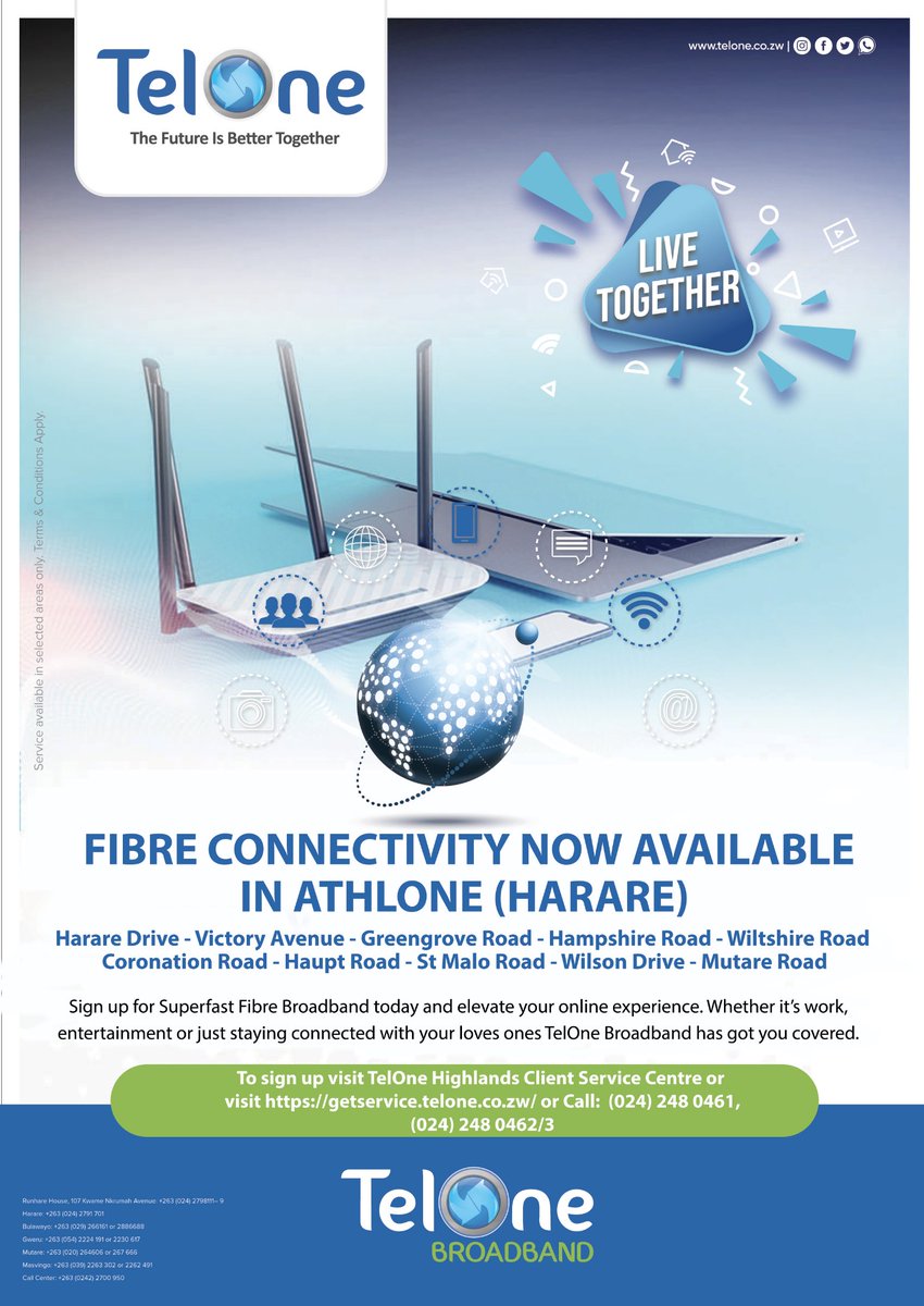 Fibre Connectivity Now Available in Athlone (Harare)
To sign up, visit the TelOne Highlands Client Service Centre or go to getservice.telone.co.zw