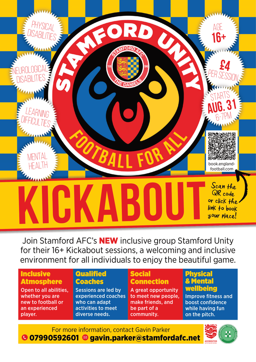 Stamford AFC Young Daniels (@theyoungdaniels) on Twitter photo Introducing Stamford Unity - our new weekly inclusive 16+ casual kickabout sessions beginning Sunday 31 August.
Please contact coach Gavin Parker for more information - 07990592601 / gavin.parker@stamfordafc.net
#grassrootsfootball #inclusion Introducing Stamford Unity - our new weekly inclusive 16+ casual kickabout sessions beginning Sunday 31 August.
Please contact coach Gavin Parker for more information - 07990592601 / gavin.parker@stamfordafc.net
#grassrootsfootball #inclusion