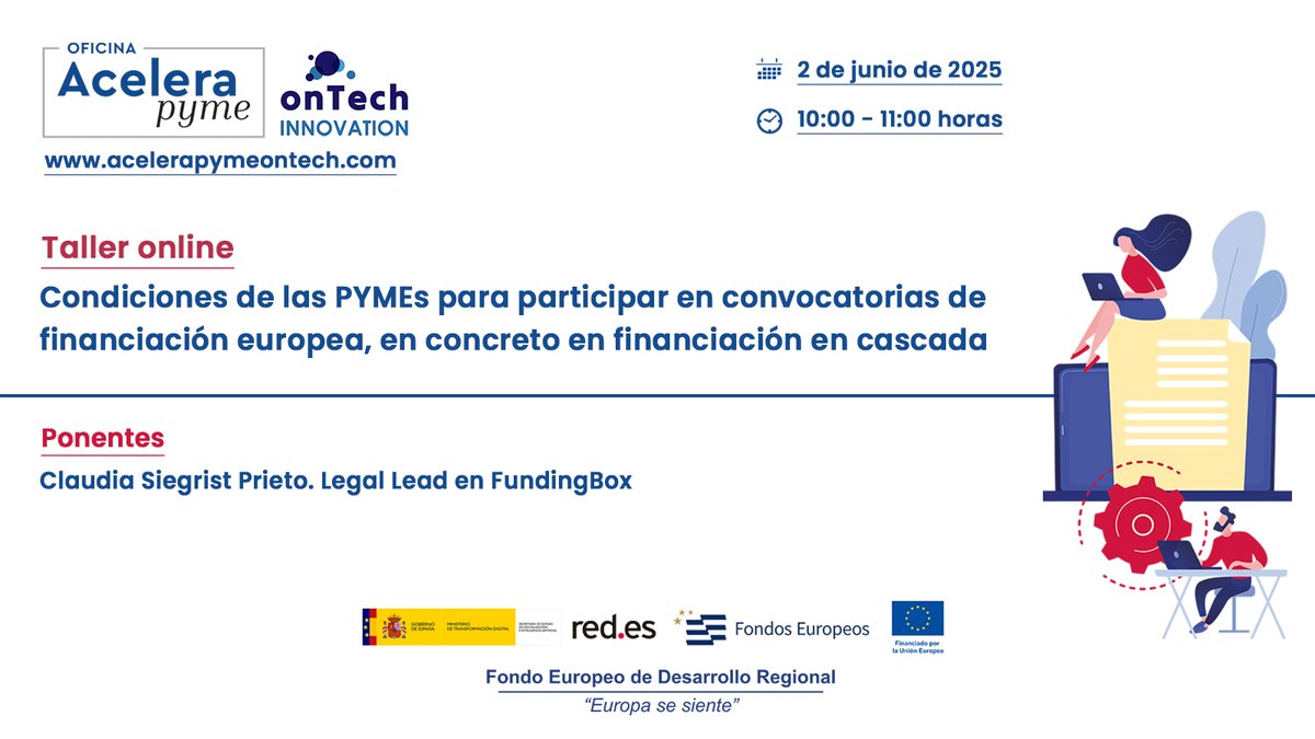 📢 Próxima jornada gratuita #AceleraPymeonTech
➡️Taller online 'Condiciones de las PYMEs para participar en convocatorias de financiación europea, en concreto en financiación en cascada'
🗓️Lunes, 2 de junio a las 10:00H
👩‍💻Claudia Siegrist de <a href="/FundingBox/">FundingBox</a>
lc.cx/a6XK3t