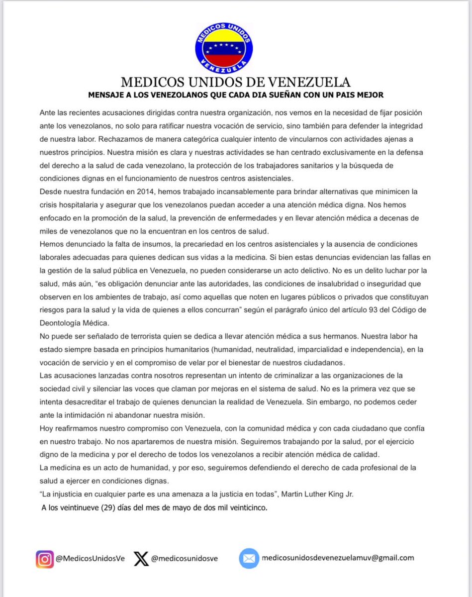 MUVCarabobo (@muvcarabobo) on Twitter photo #Comunicado #ALaOpinionPublica de Médicos Unidos de Venezuela <a href="/MedicosUnidosVe/">Médicos Unidos Vzla</a>.
«El mundo es del hombre justo, del hombre de bien y no del valiente, el que siempre ha vivido y vivirá feliz sobre la tierra y seguro sobre su conciencia».
Dr. José María Vargas.
#PorLaSaludYLaVida #Comunicado #ALaOpinionPublica de Médicos Unidos de Venezuela <a href="/MedicosUnidosVe/">Médicos Unidos Vzla</a>.
«El mundo es del hombre justo, del hombre de bien y no del valiente, el que siempre ha vivido y vivirá feliz sobre la tierra y seguro sobre su conciencia».
Dr. José María Vargas.
#PorLaSaludYLaVida