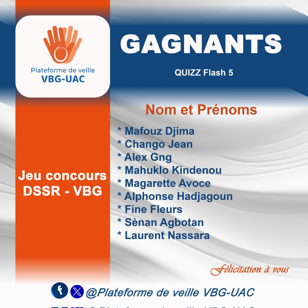 𝐇𝐞𝐮𝐫𝐞𝐮𝐱 𝐠𝐚𝐠𝐧𝐚𝐧𝐭𝐬 𝐪𝐮𝐢𝐳𝐳 𝐟𝐥𝐚𝐬𝐡 🥳
Nous avons le plaisir de vous annoncer nos heureux gagnants suite au #quizz_flash_5. 
𝑵𝒐𝒔 𝒇𝒆́𝒍𝒊𝒄𝒊𝒕𝒂𝒕𝒊𝒐𝒏𝒔 𝒂̀ 𝒗𝒐𝒖𝒔.  
Il s'agit de : 👇🏾👇🏾👇🏾