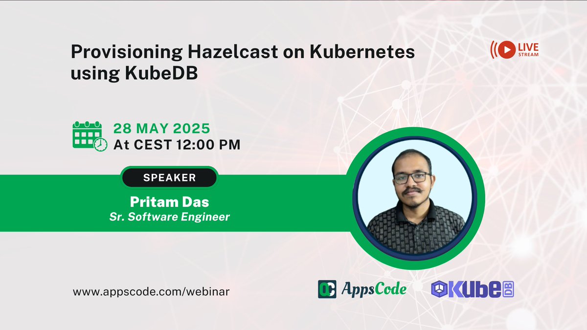 AppsCodeHQ's tweet image. Webinar Alert: Provisioning Hazelcast on Kubernetes using KubeDB 🚀 
Join us for an in-depth webinar on Hazelcast! 
📅 When: 28 May 2025, CEST 12:00 PM
🔗 Register now: appscode.com/webinar/
#KubeDB #AppsCode #Hazelcast