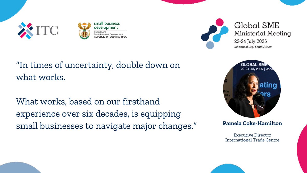 International Trade Centre (ITC) (@itcnews) on Twitter photo Affordable finance. Digital tools. Going green.
Ministers are putting small businesses' needs first at the upcoming, first-ever Global #SMEMinisterial, co-hosted by ITC & <a href="/DSBD_SA/">Department of Small Business Development</a>.
Read ITC Executive Director's opening remarks at the countdown kickoff: bit.ly/4kgKNHE Affordable finance. Digital tools. Going green.
Ministers are putting small businesses' needs first at the upcoming, first-ever Global #SMEMinisterial, co-hosted by ITC & <a href="/DSBD_SA/">Department of Small Business Development</a>.
Read ITC Executive Director's opening remarks at the countdown kickoff: bit.ly/4kgKNHE