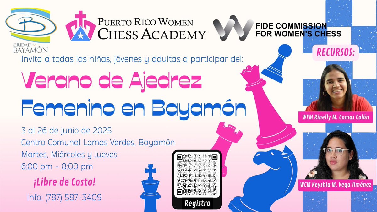 Women’s Chess Summer in Bayamón! 🇵🇷

We are proud to support this exciting initiative in Puerto Rico, bringing together women&amp;girls to learn and connect through chess with great tutors♟️

💸 Free of cost!
📝 Register now by scanning the QR code!

#chess #womeninchess