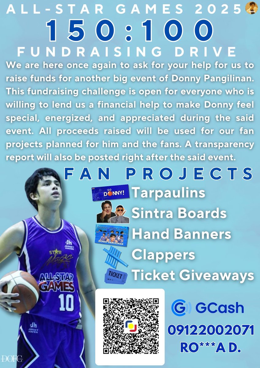 𝟭𝟱𝟬:𝟭𝟬𝟬 FUNDRAISING DRIVE FOR 𝗔𝗟𝗟-𝗦𝗧𝗔𝗥 𝗚𝗔𝗠𝗘𝗦 𝟮𝟬𝟮𝟱 📥✨️

We need 𝟭𝟱𝟬 people to donate ₱𝟭𝟬𝟬 for us to reach our fund goal for Donny's props, fan freebies, and ticket giveaways. 

Any kind of help is very much appreciated. 💛 

#DonnyPangilinan