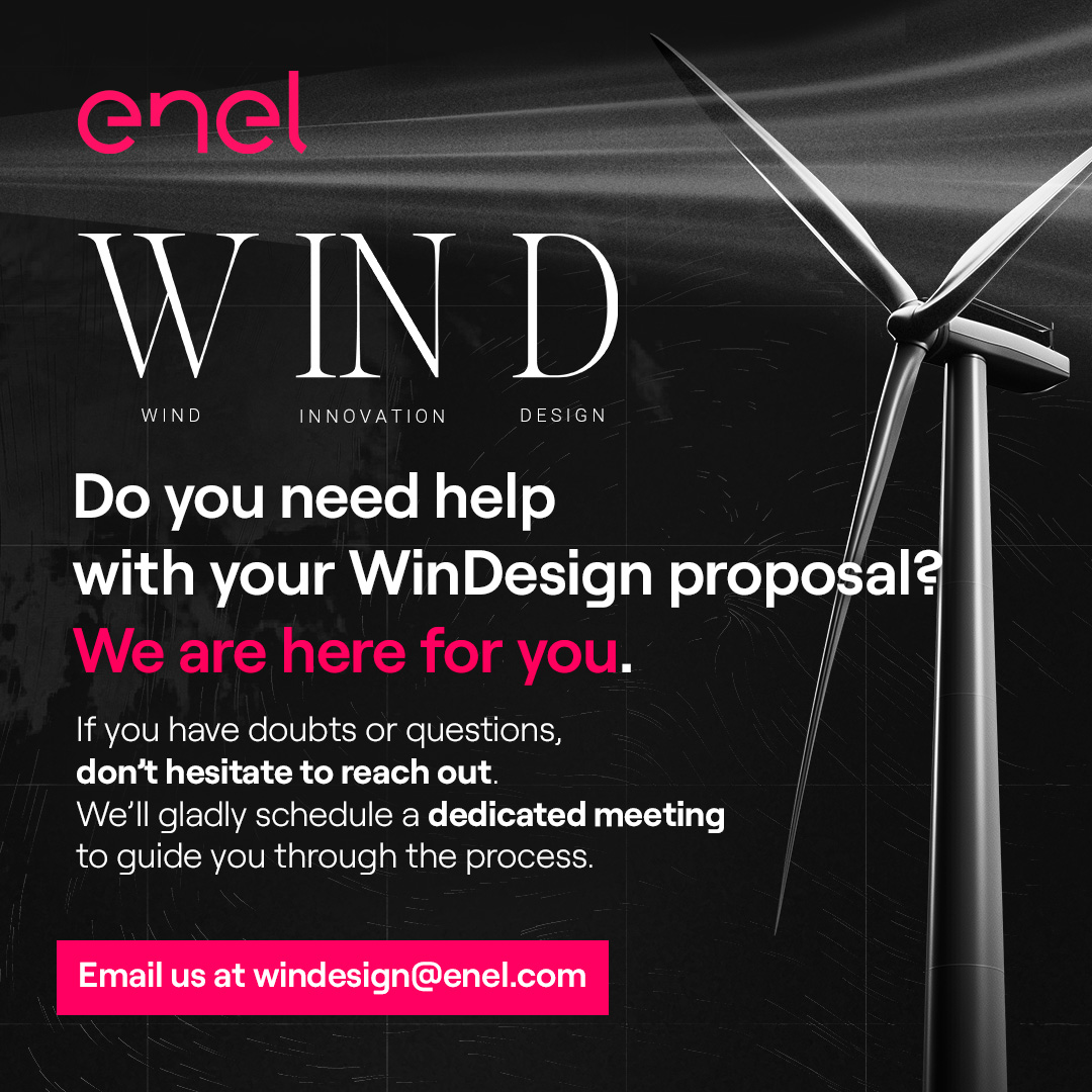 Enel Green Power (@enelgreenpower) on Twitter photo WinDesign is your chance to rethink wind energy through innovation and design. Questions or doubts? We’re here to help!💡
📩Reach out: windesign@enel.com
Submit by June 16!👉openinnovability.enel.com/challenges/cal…
#WinDesign #WindEnergy #Innovation #Sustainability #EnelOpenInnovability WinDesign is your chance to rethink wind energy through innovation and design. Questions or doubts? We’re here to help!💡
📩Reach out: windesign@enel.com
Submit by June 16!👉openinnovability.enel.com/challenges/cal…
#WinDesign #WindEnergy #Innovation #Sustainability #EnelOpenInnovability