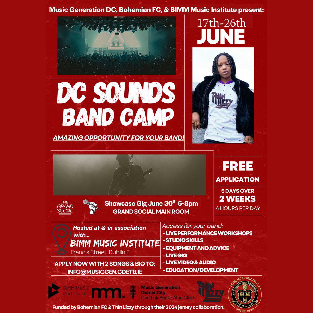 Bohemian FC is delighted to be funding The DC Sounds Band Camp through our 2025 Thin Lizzy away shirt. 🔴⚫️

In a band and aged between 14-18 in Dublin? 🎸 

Along with Music Generation Dublin City &amp; BIMM Dublin we want to help young bands! 🥁 

Apply for the DC Sounds Band Camp