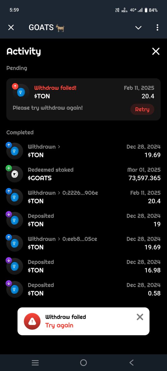 SpoiledBrat698's tweet photo. @GOATS_immortal 
I made a withdrawal on Feb 11 2025 it got failed and till now am not able to withdraw it.  I sent several texts to the team and they didn't even see them. Don't trust them . Scam project . https://t.co/HWNGgcIi3l