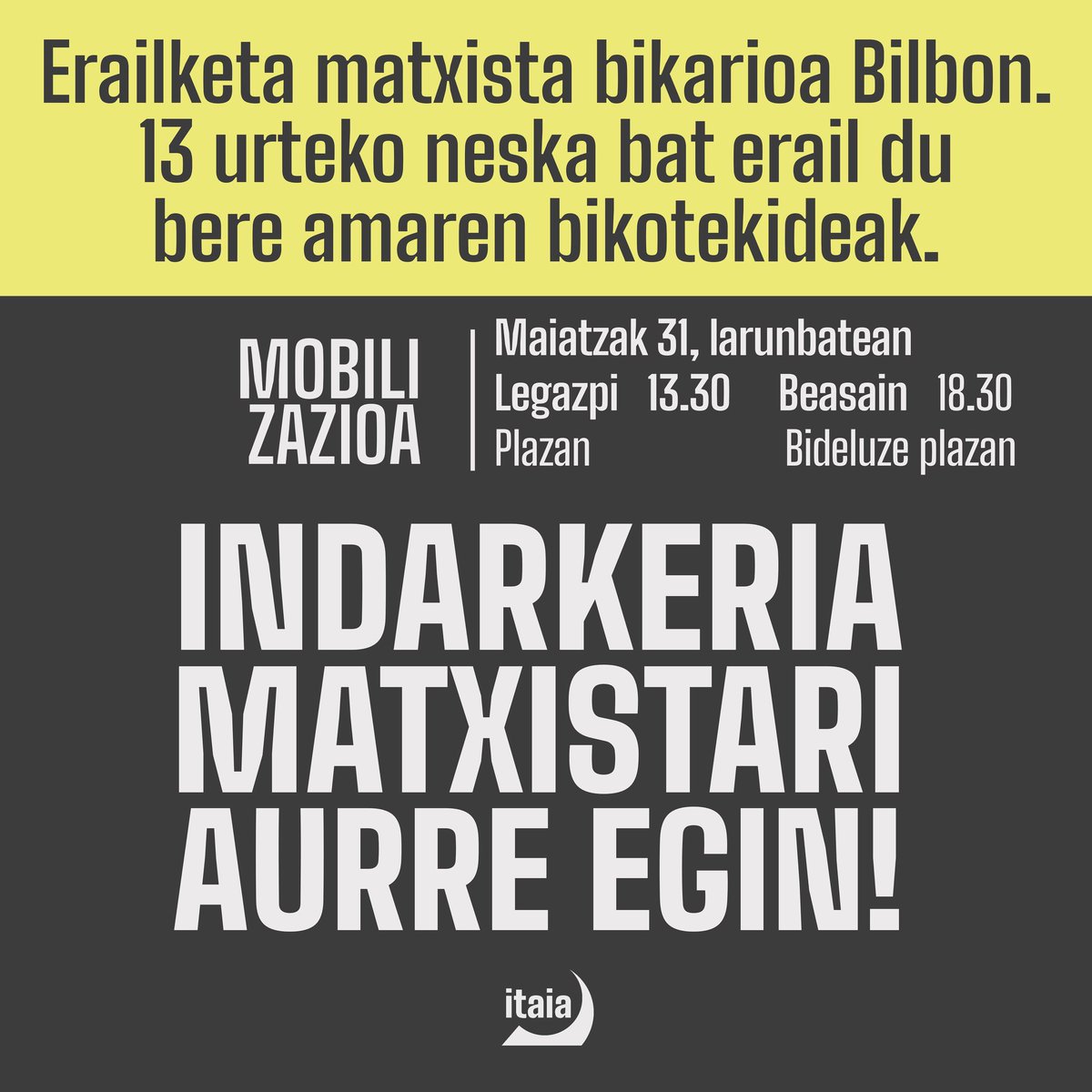 🔴 Erailketa matxista eta bikarioa Bilbon. 13 urteko neska bat erail du bere aitak. 
 
KONTZENTRAZIOAK
Larunbatean, Legazpin 13:30 Plazan
                     Beasain 18:30 Bideluze plazan

ASKI DA! Indarkeria matxistarekin amaitzeko erantzun kolektiboa antolatu behar dugu!