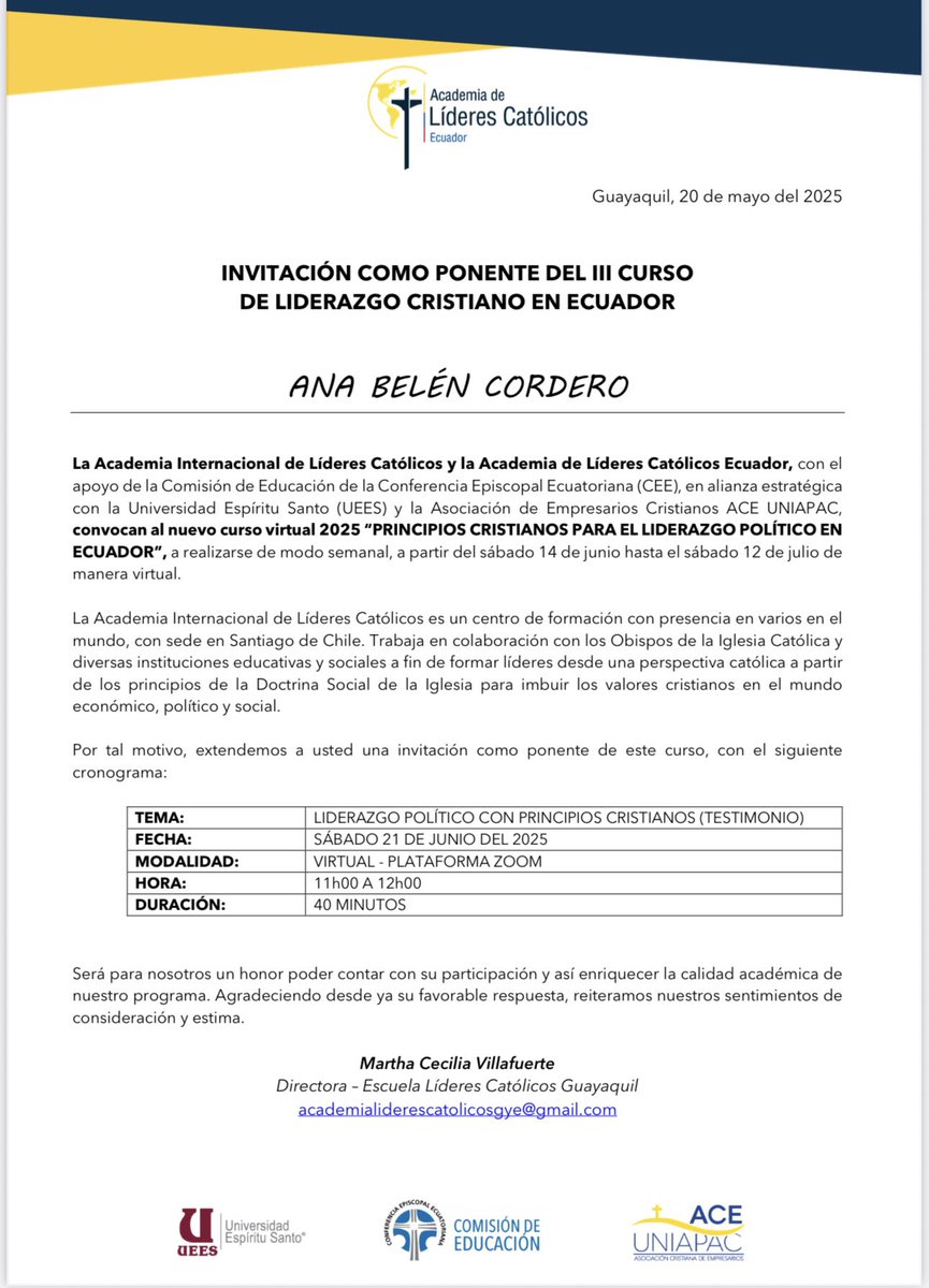 Gracias a la amable invitación de la <a href="/ACEUniapac/">ACE-Uniapac</a> la <a href="/Confepec/">Conferencia Episcopal Ecuatoriana</a> y la <a href="/uees_ec/">Universidad Espíritu Santo</a> estaré en el📯 CURSO DE LIDERAZGO CRISTIANO 2025 participa e inscríbete tú también 😉

🖥️ Modalidad virtual
🗓️ Sábados de 14/jun al 12/jul
💵 Inversión: $20

📲 Postulaciones hasta el sábado 31 de mayo: