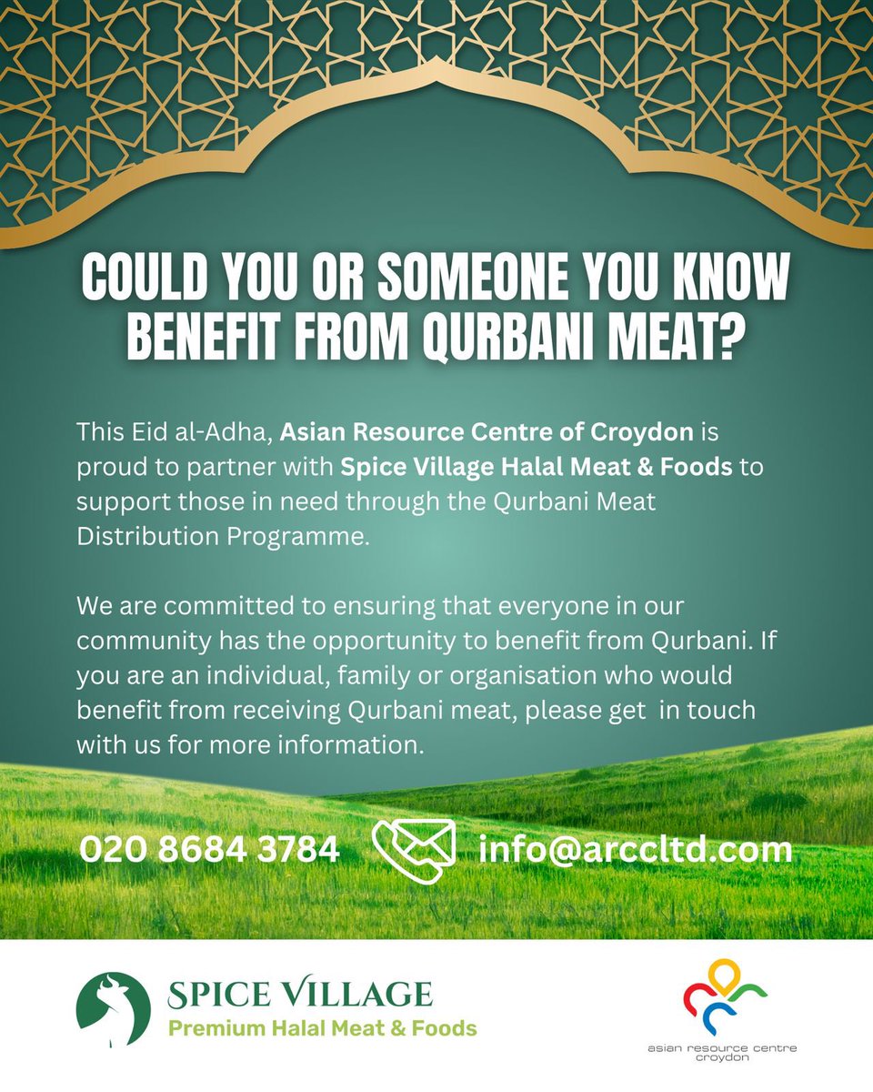 🥩 COULD YOU OR SOMEONE YOU KNOW BENEFIT FROM QURBANI MEAT?🎗️

<a href="/ARCCLTD/">ARCC</a> is proud to partner with <a href="/svhalalmeat/">Spice Village Halal Meat & Foods</a> to support those in need through the Qurbani Programme.

Please get in touch with us for more information by calling 020 8684 3784 or email info@arccltd.com

#Qurbani