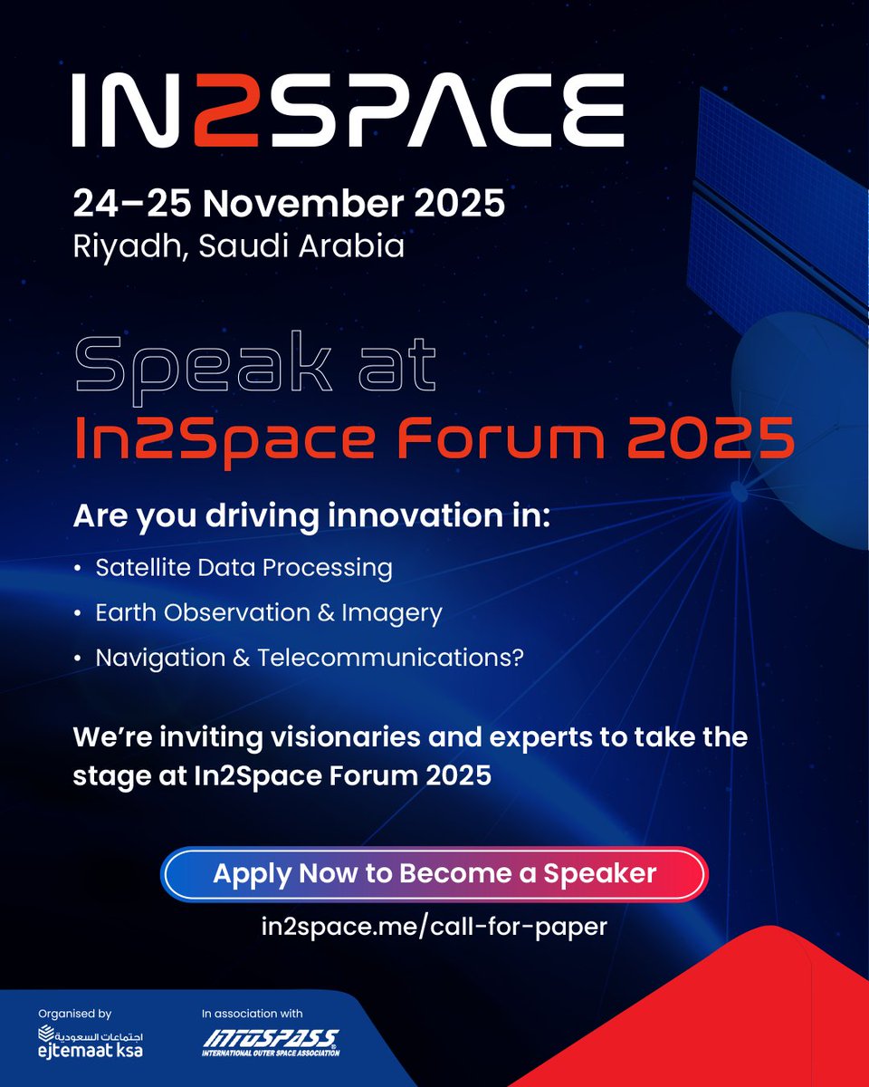 Are you in2space?
Do you want to present your innovative Space technology and  applications activities and ideas at the In2Space Forum 2025 where top experts from <a href="/UNOOSA/">UNOOSA</a>, <a href="/EgyptianSpace/">Egyptian space agency</a>, <a href="/AfSA_AU/">African Space Agency</a> , <a href="/NASA_Langley/">NASA Langley Research Center</a> , <a href="/NOAA/">NOAA</a> and others are contributing!

Whether you're working on