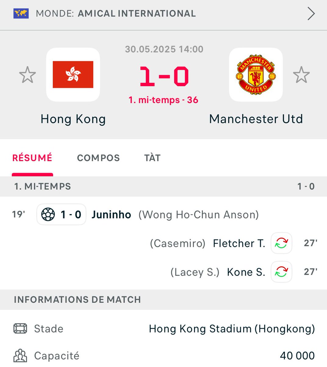 BeFootball (@_befootball) on Twitter photo Après sa défaite contre une sélection d’Asie du Sud Est, Manchester United est mené par Hong Kong 🇭🇰😳
📸 <a href="/FlashscoreFR/">Flashscore.fr</a> Après sa défaite contre une sélection d’Asie du Sud Est, Manchester United est mené par Hong Kong 🇭🇰😳
📸 <a href="/FlashscoreFR/">Flashscore.fr</a>