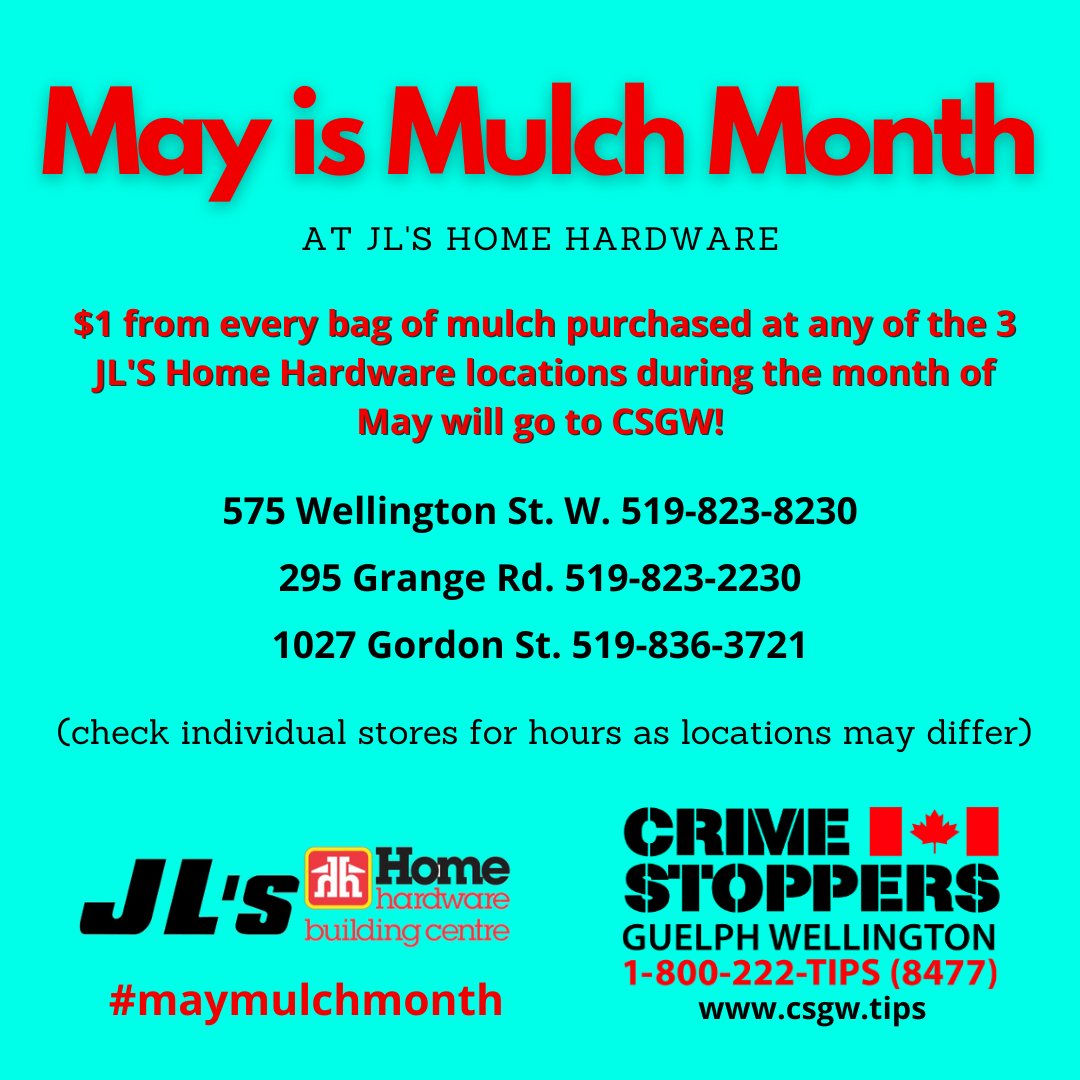 May 31st is the last day for our #MayMulchMonth fundraiser with <a href="/JLsHomeHardware/">JL's Home Hardware</a>
$1 from each bag sold goes to #CSGW. Support local Canadian businesses and local community organizations. 
#Guelph #partnerships