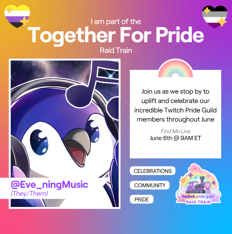 🚂CHOO CHOO!🚂

Super stoked to announce that I'll be a part of the <a href="/Twitch/">Twitch</a> Pride Guild Raid Train! This event will be happening all month long, so come with me and take the journey on June 6th @ 9AM EST to bring some chaos and meet new friends! #TwitchUnityGuilds