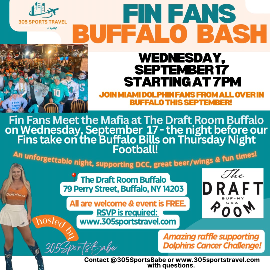 🦬 hey Fins fans! …Going to Buffalo in September for Thursday Night Football vs the Bills? You’re invited! #phinsup 

🐬 Fin Fans Buffalo Bash
🍺 Wednesday, Sept 17 - starting at 7pm
📍The Draft Room Buffalo

🆓 but you must RSVP online  - 305sportstravel.com/buffalo 

&amp; there will