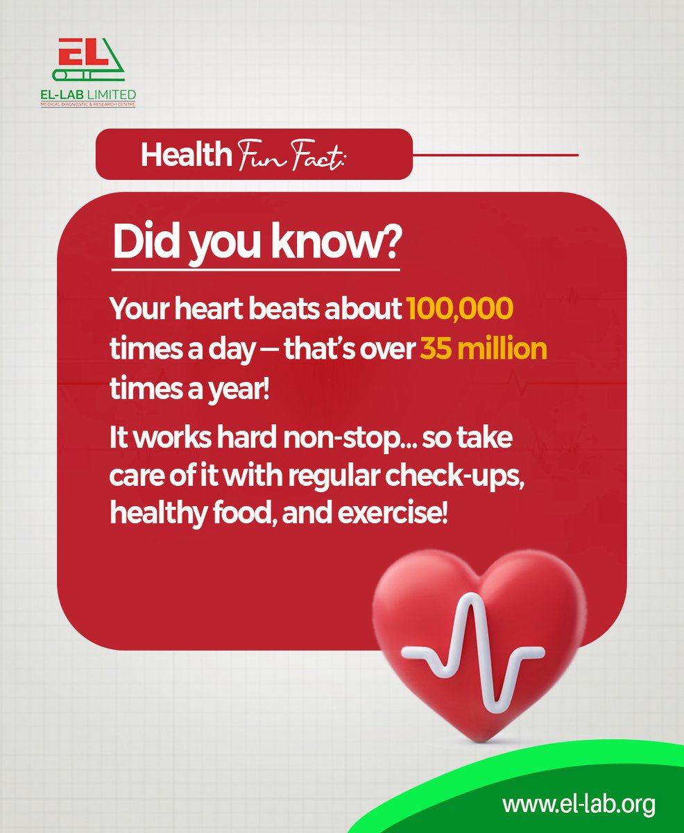 Ellab_ng's tweet image. Your heart works harder than you think, tirelessly keeping you alive and well.

Show it some love with good food, exercise, and regular health check-ups.

Visit El-Lab for a comprehensive health check and keep your heart healthy!

#FunHealthFact #HeartHealth #ElLabCares