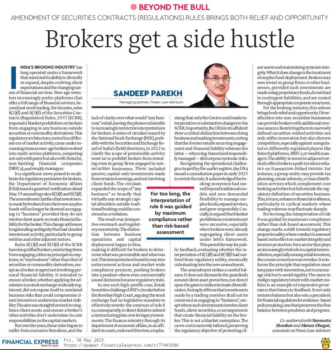 I have a piece in today’s <a href="/FinancialXpress/">Financial Express</a> with <a href="/NavneetaShankar/">Navneeta Shankar</a>  and <a href="/_baldemort__/">Manas dhagat</a> ‘Brokers get a side hustle’ on the important reform brought by the Finance Ministry - which increases the regulatory perimeter allowed to brokers, who can now do more allied businesses (without