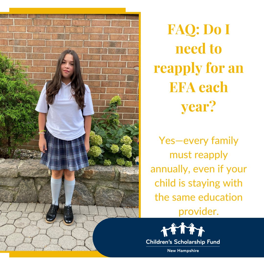 CSF_NH's tweet image. 🧾 FAQ: Do I need to reapply for an EFA each year?
Yes—every family must reapply annually, even if your child is staying with the same education provider. Watch your inbox for requalification reminders!
#EFAFAQ #CSFNH #EducationHelp #nh #newhampshire