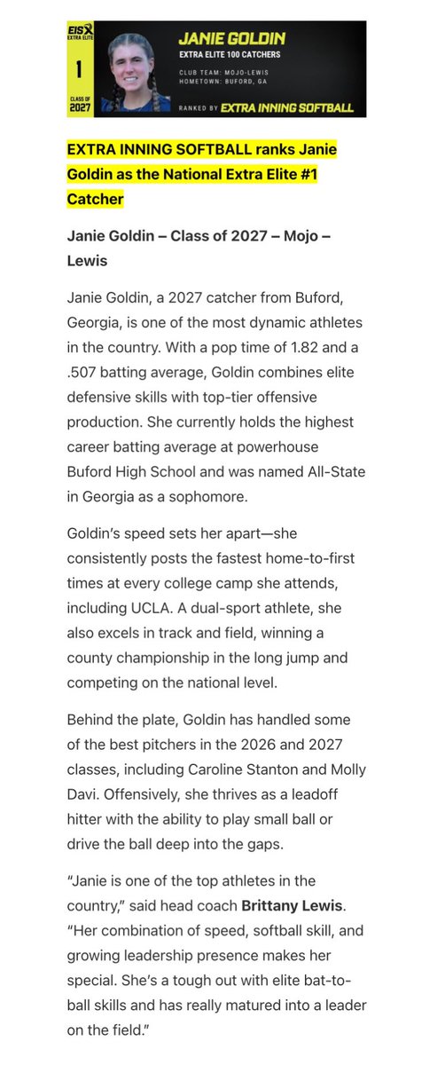 JanieGoldin's tweet image. Huge thank you to @ExtraInningSB for ranking me #1 catcher in the nation! Couldn’t do it without the people who have supported me throughout this journey! Very excited for this upcoming summer season! @MojoLewis @BSherSB @CatchingCoopers @martin_lincoln @BWolvesSoftball