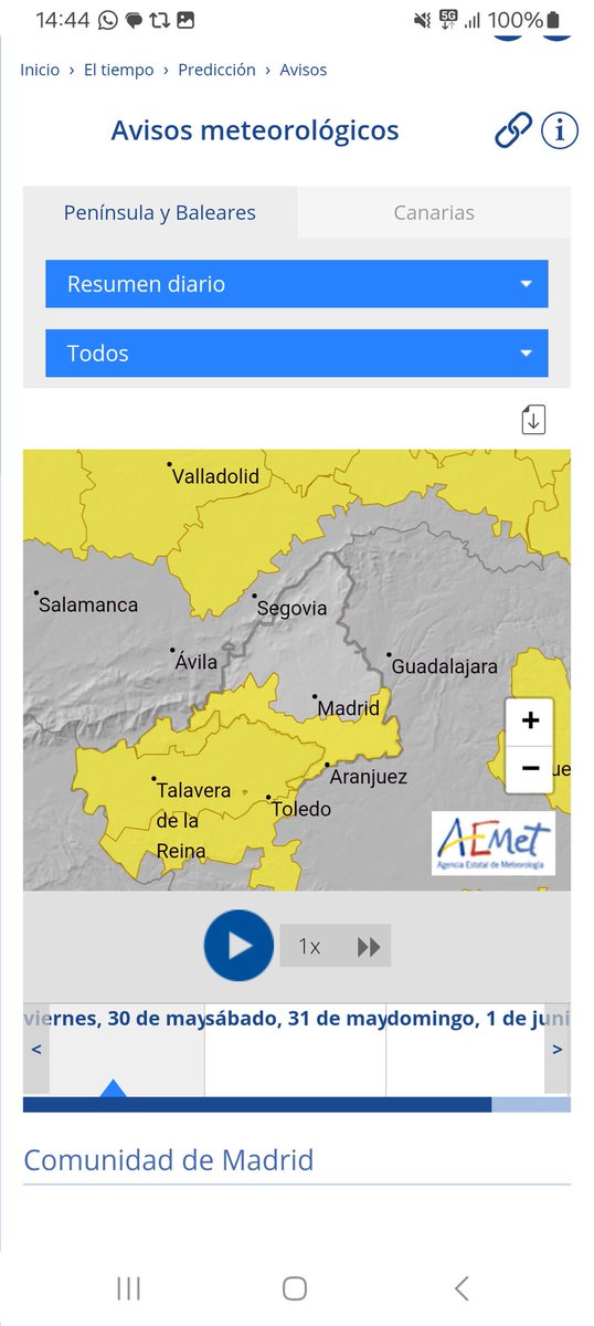 <a href="/FLMadrid/">Feria del Libro de Madrid</a> Buenas tardes. La AEMET no emite alertas, emite avisos. Por otro lado, es completamente falso que se haya emitido un aviso rojo. No existe aviso alguno para el área metropolitana. No difundan bulos, que bastante tenemos ya, por favor