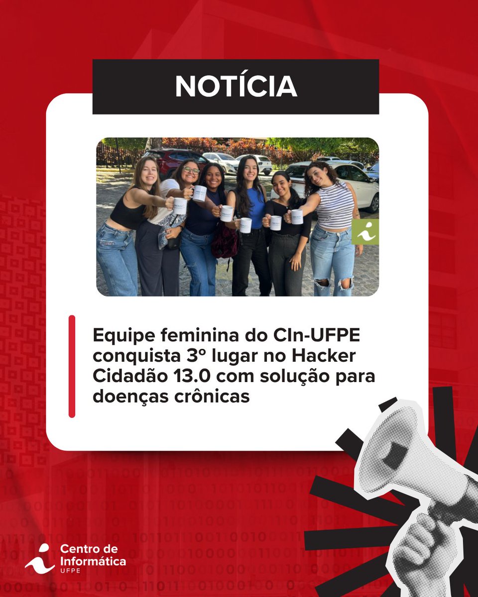 🚀 Uma equipe 100% feminina do CIn-UFPE conquistou o 3º lugar no desafio de Saúde Digital do Hacker Cidadão 13.0 com um app focado no autocuidado de pessoas com diabetes e hipertensão.

Confira portal.cin.ufpe.br/2025/05/29/equ…